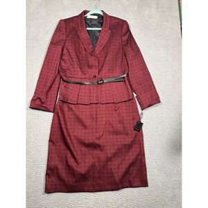 New Tahari Arthur Levine Red Black Geometric Print Skirt Suit Set Size 18
